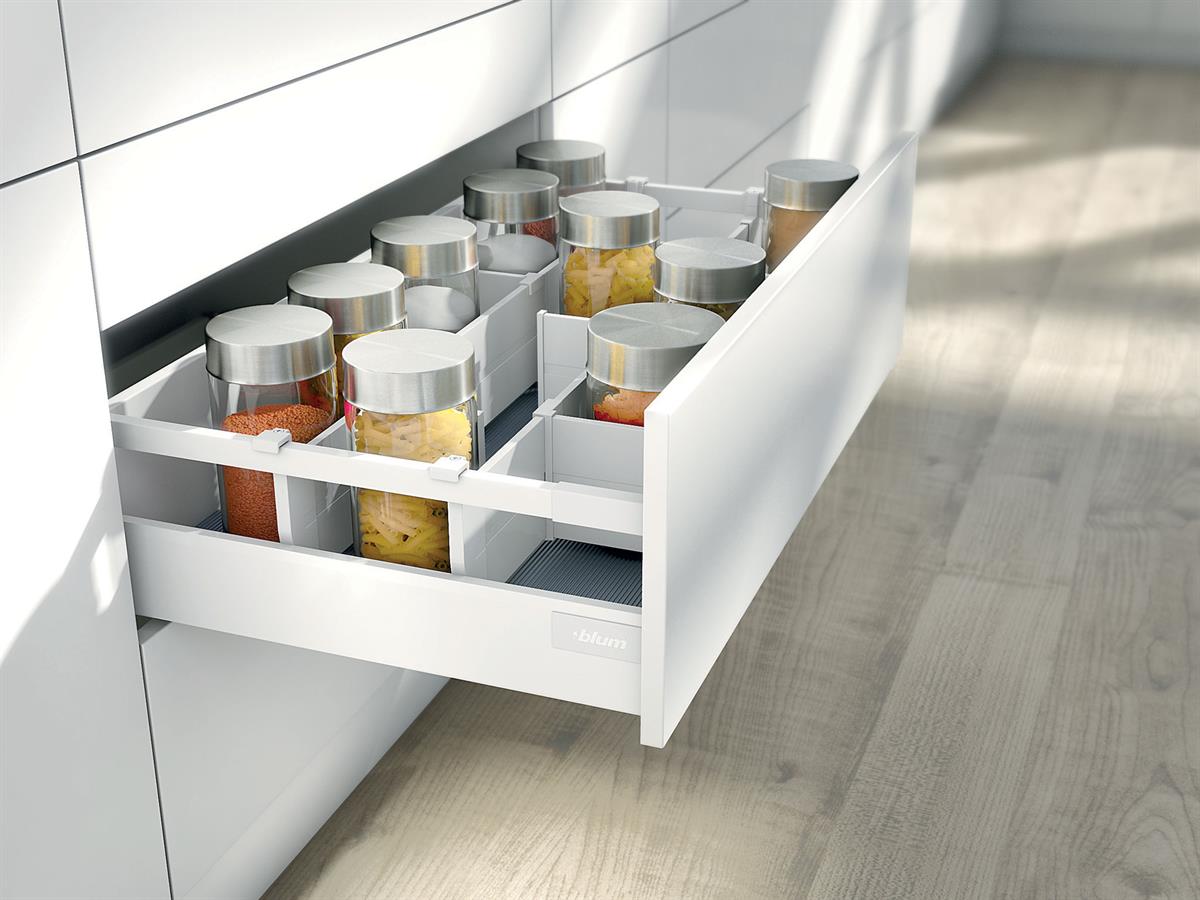 D-Height Antaro Pan Drawer with Single Gallery Rail in Silk White with Orga-Line Cross Dividers.