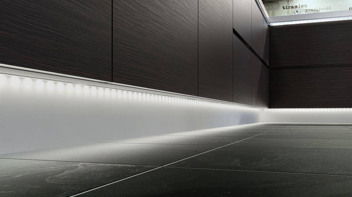 Sensio Cool White Primo 5M Clip LED Flexible Strip mounted with plinth.